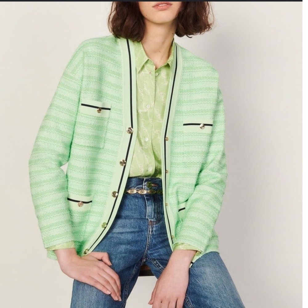 Sandro Aymar Stripe Cardigan Mint Green V-Neck Button Front Knit Sweater
